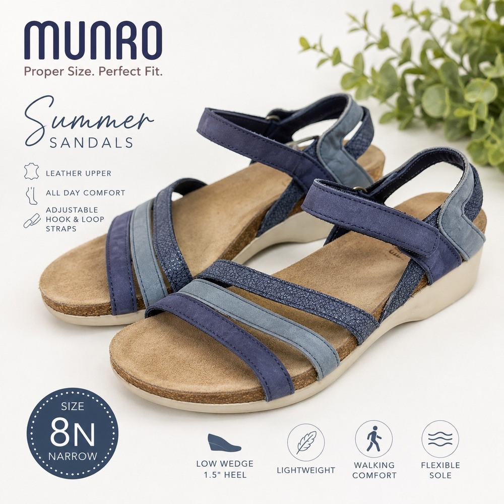 Munro Summer Sandals 8N Blue Womens Leather Strappy Comfort Walking Wedge